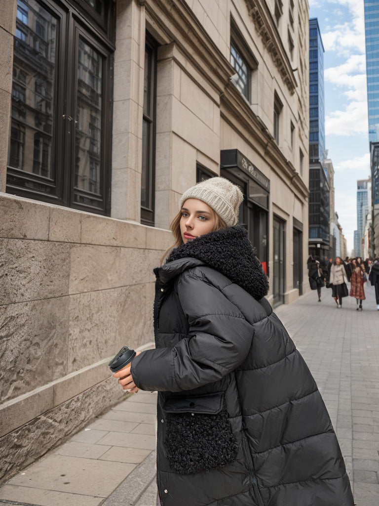 Damjacka Medel Längd Fluffigt Foder Polyester med Huva och Fickor-5