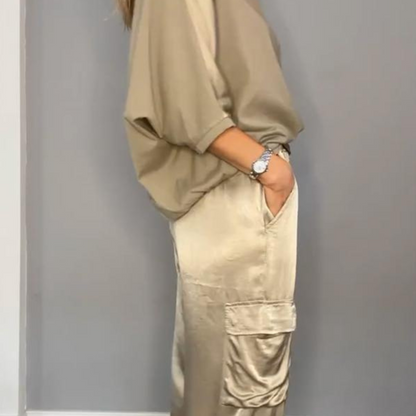 Dam Satinbyxor och Topp Set Avslappnad Satin-3