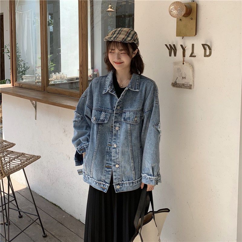 Dam Denimjacka Loose Fit Vintage Stil Bomull-6