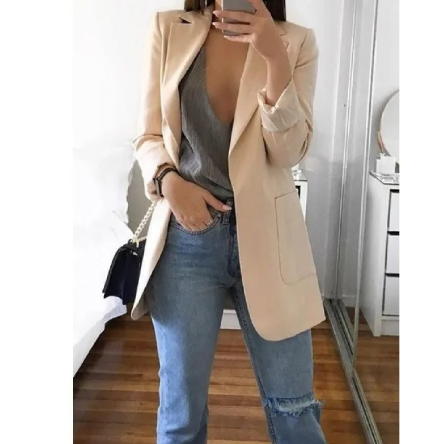 Kvinnors Lång Blazer Elegant Andningsbart Tyg-3
