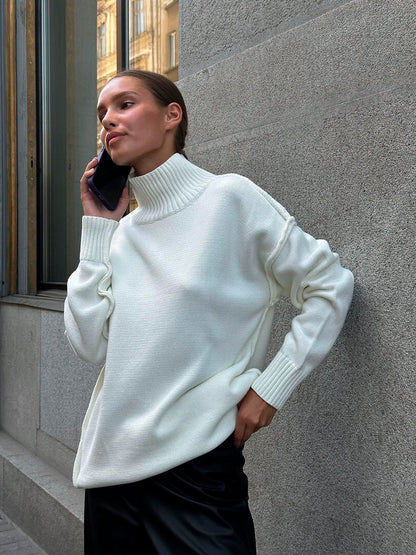 Variant image for Stickad Dam Tröja Lapptäcktsdesign Tjockt Tyg Rullkrage-1