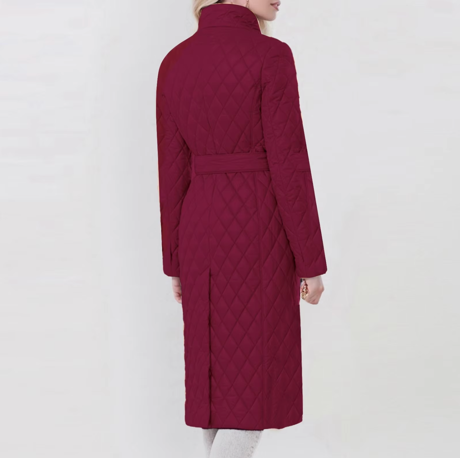 Dam Lång Bomullsjacka Vadderad Med Dragsko Diamantmönster-3