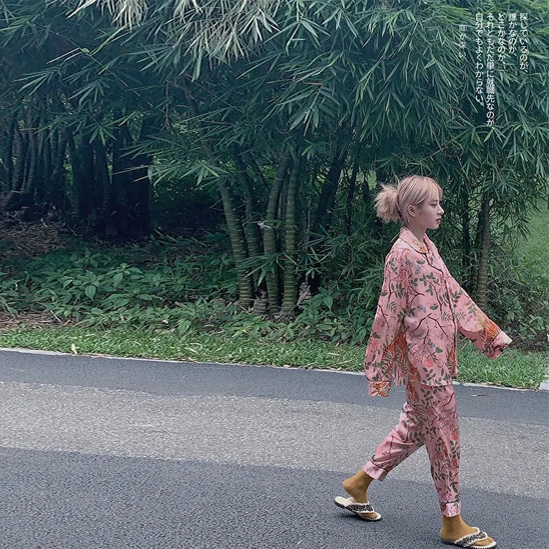 Dam Pyjamas Set med Tryckdesign i Polyester och Elegant Krage-3