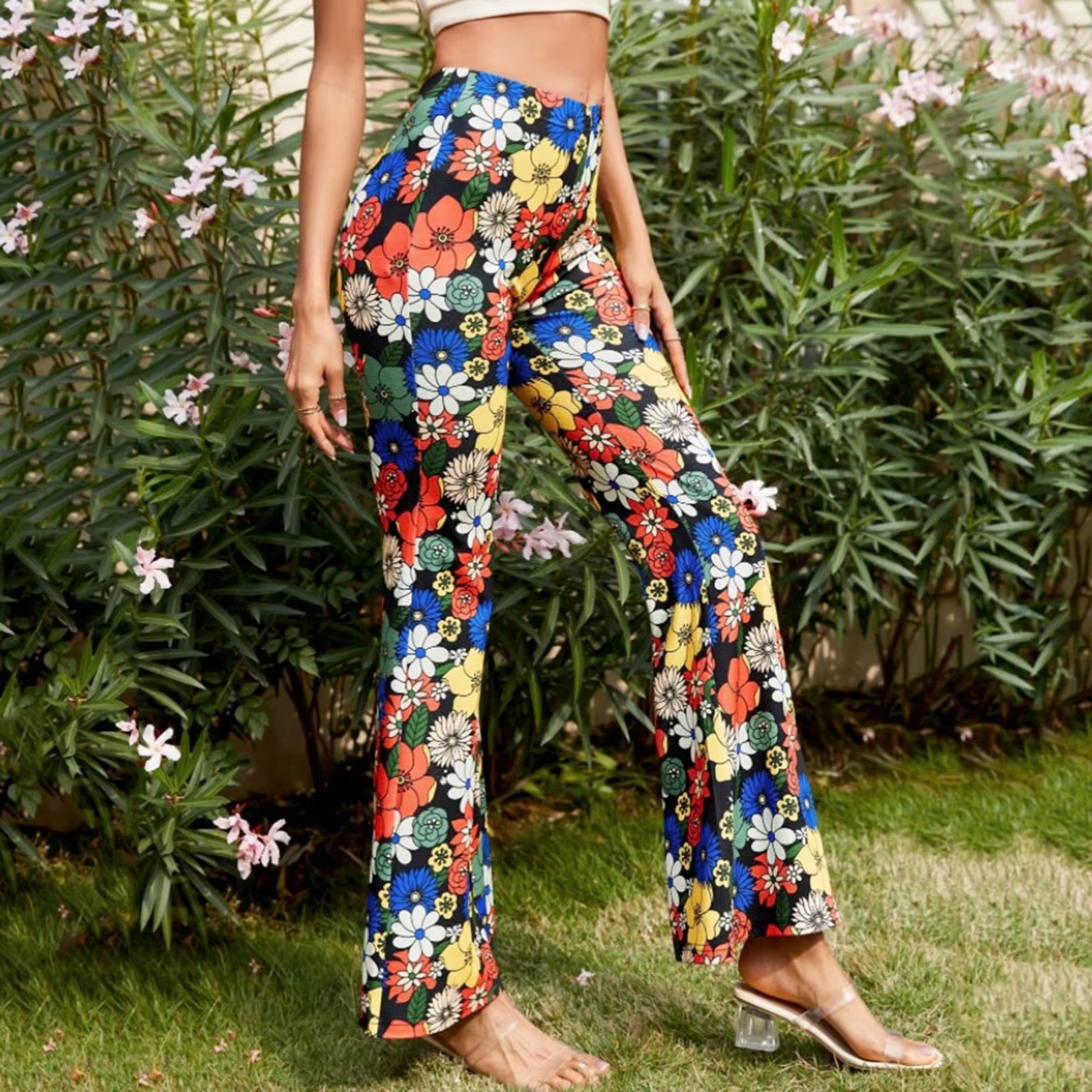 Byxor Dam Blommönster Trendig Design Polyester High Waist-3