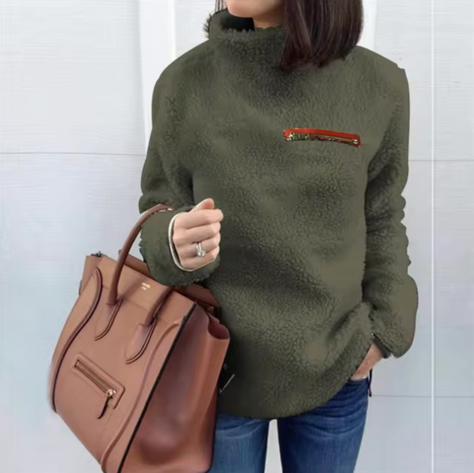 Variant image for Dam Turtleneck Tröja Mjuk Plysch Figurnära Design med Dragkedja-11