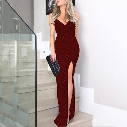 Kvinna Delad Paljettklänning Glamourös Stil Polyester-3