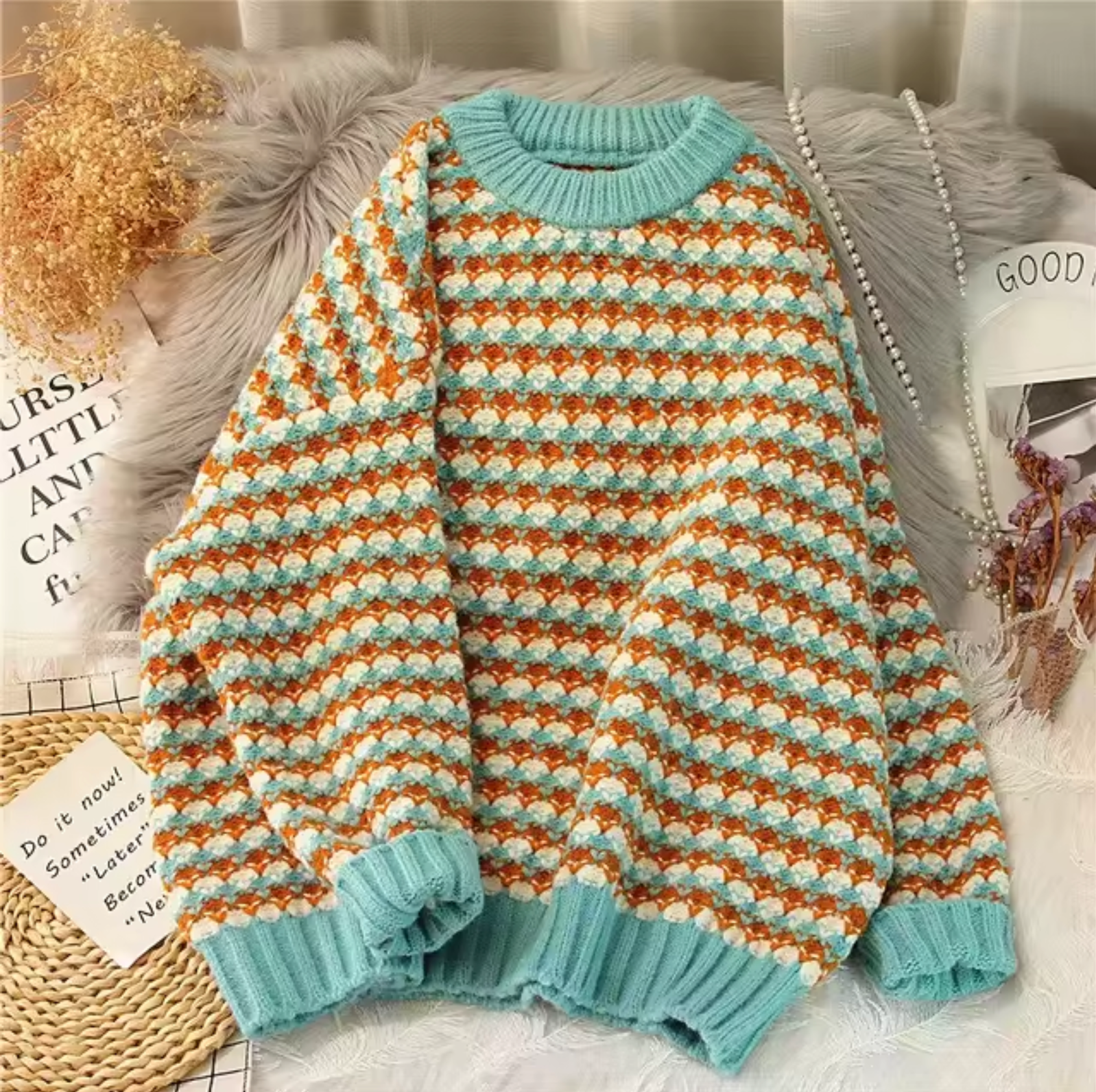 Damer Överdimensionerad Tröja Ränder Stickad-5