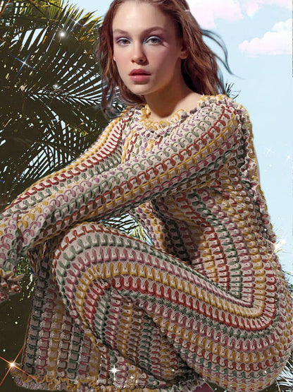 Maxiklänning Dam Randig Långsluten 100% Polyester Flödande Design-3