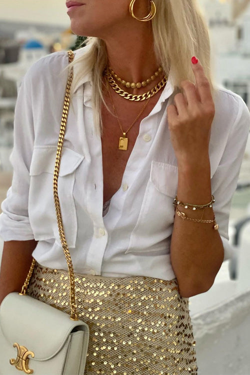 Maxi Kjol Dam Hög Midja Glittrande Paljetter Bomull Polyester-3