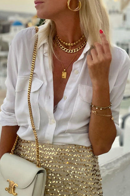 Maxi Kjol Dam Hög Midja Glittrande Paljetter Bomull Polyester-3