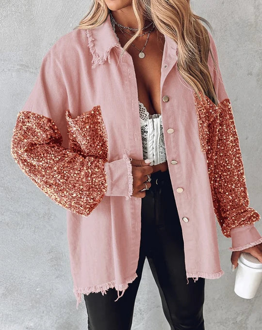 Elegant Damjacka med Långa Ärmar och Paljetter i Mjuk Polyester – Perfekt för Vardag och Fest 3