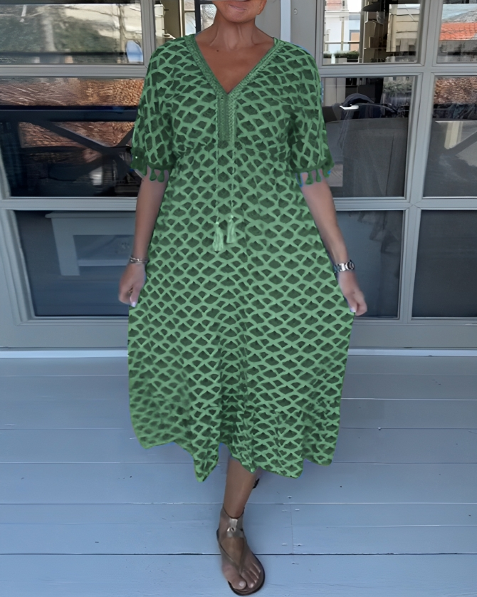 Hög Midja Klänning för Kvinna i Bomullsblandning – V-ringad En Linje Klänning med Kort Ärmar, Midilängd 8