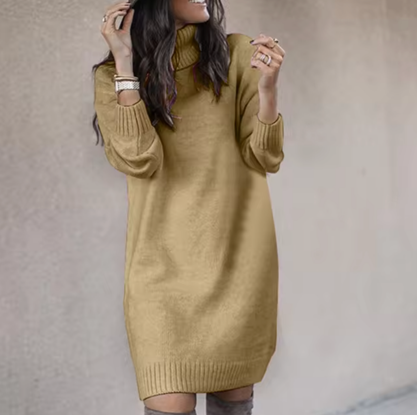 Kvinnors Stickad Klänning Turtleneck Långärmad Mjukt Material-2