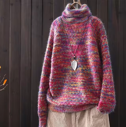 Dam Stickad Turtleneck Tröja Batikdesign Akrylblandning-3