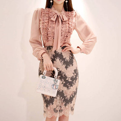 Dam Rockuppsättning Draperad Acetat med Spetsig Kjol-4