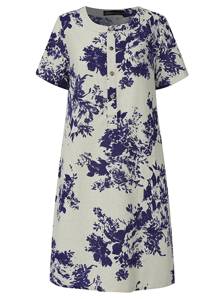 Kvinnors Midi Klänning Blommönster 100% Bomull Kort Ärmar Retro Style-4