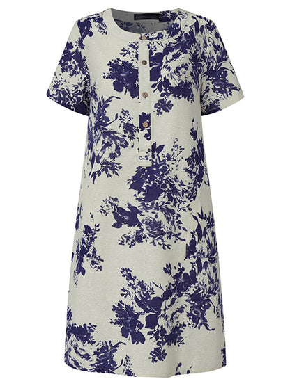 Kvinnors Midi Klänning Blommönster 100% Bomull Kort Ärmar Retro Style-4