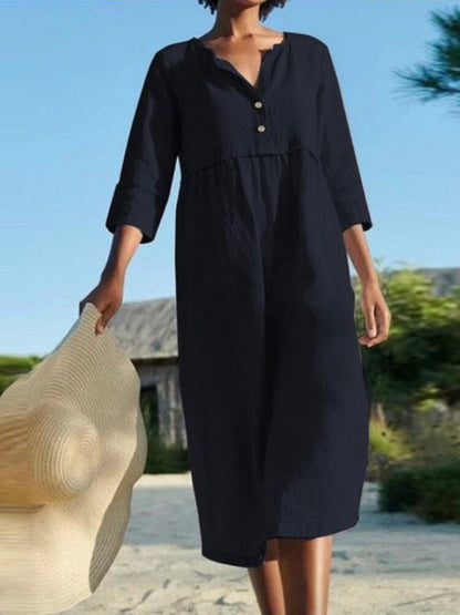 Dam Klänning Midi Halv Öppen Knapp Bomull med Framfickor-4