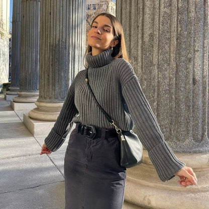 Dam Stickad Tröja Hög Krage Akryl Ribbstickad-2