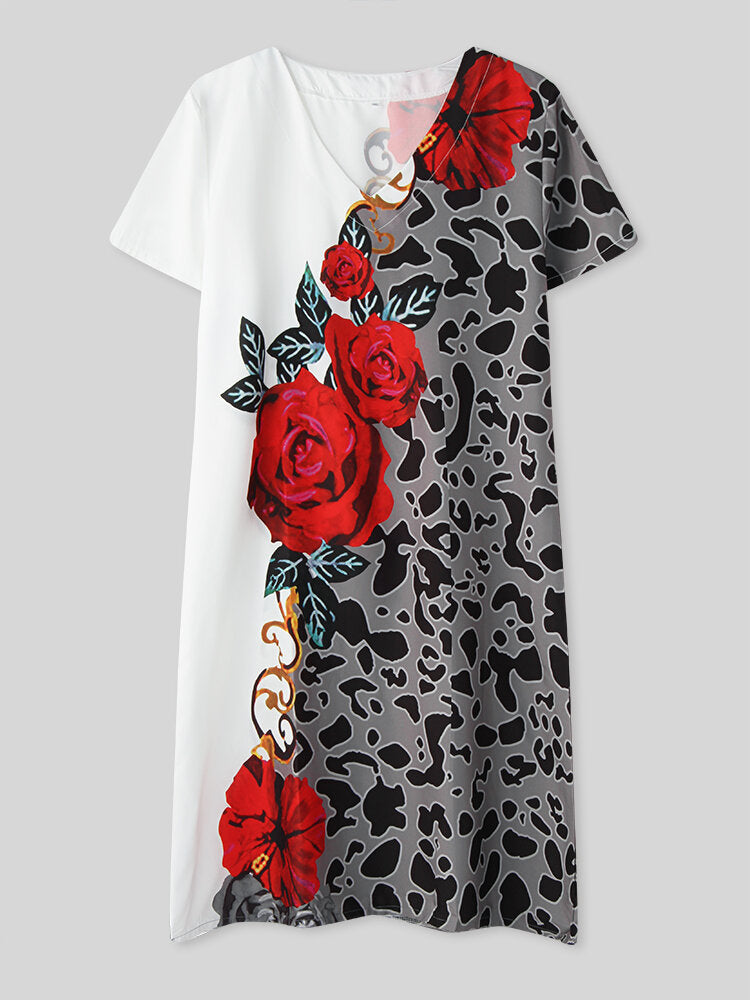 Damklänning Midi V-ringning Blommönster Polyester Korta Ärmar-3