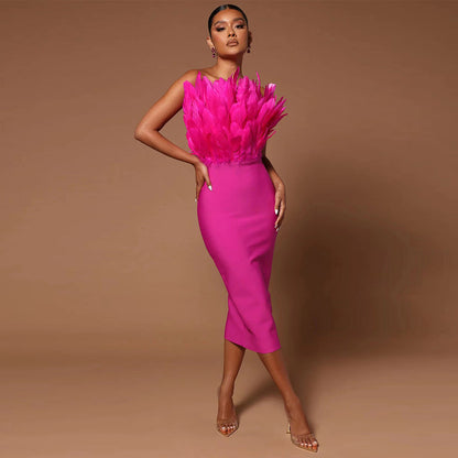 Variant image for Kvinnoklänning Hög Midja Ärmlös Polyester med Fjäderdekoration-13