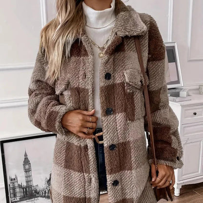 Kvinno Kappa Fluffig Plysch med Brunt Karomönster-4