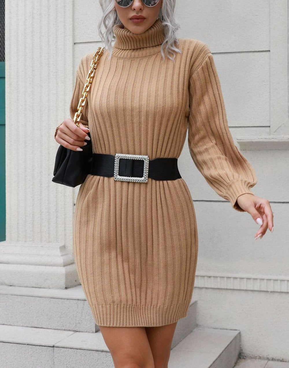 Kvinnors Miniklänning Ribb Turtleneck Mjuk Stickad Höst-4