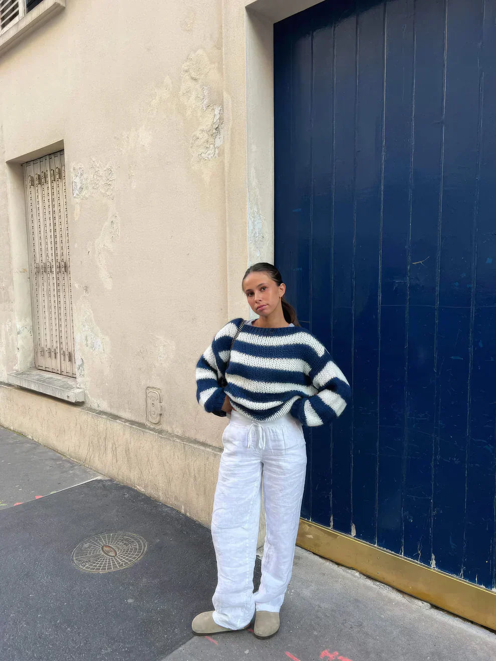 Dam Stickad Tröja Med Horisontella Ränder Polyester Lång Ärmar-2