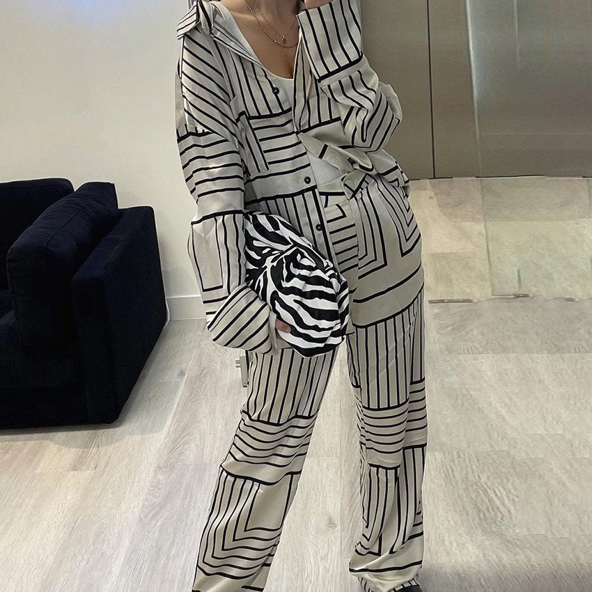 Dam Tvådelat Ensemble Långärmad Skjorta Polyester Vida Byxor-3