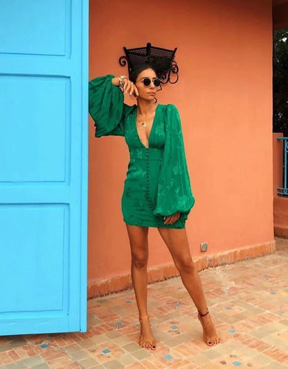 Kvinnors Miniklänning med Ballongärmar i Strukturerat Material-3