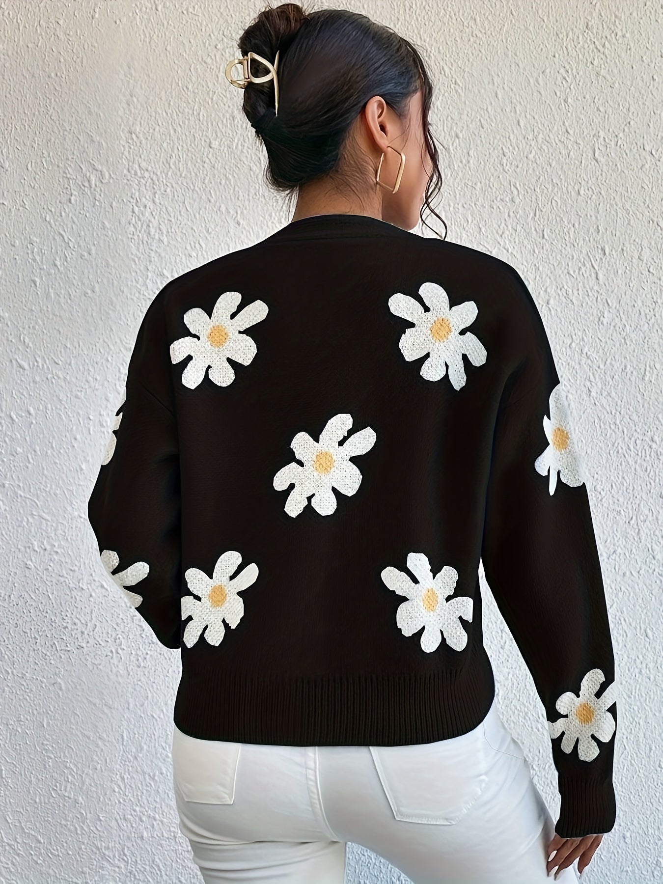 Stickad Dam Tröja Långa Ärmar Blommönster Mjuk Material-5