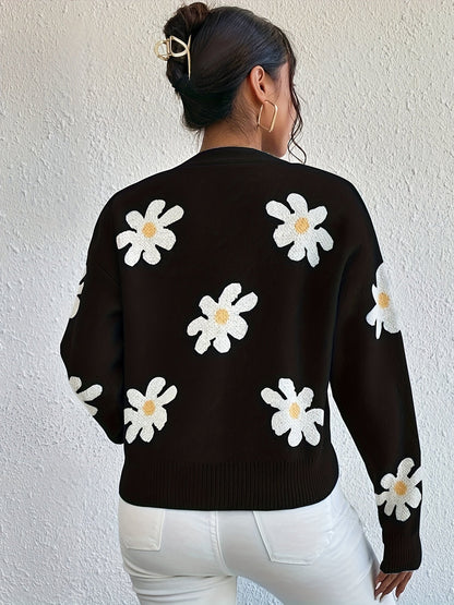 Stickad Dam Tröja Långa Ärmar Blommönster Mjuk Material-5