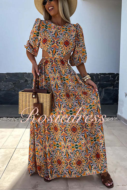 Maxiklänning Dam Puffärmar Ryggfri Tryckt Bomull Polyester-2