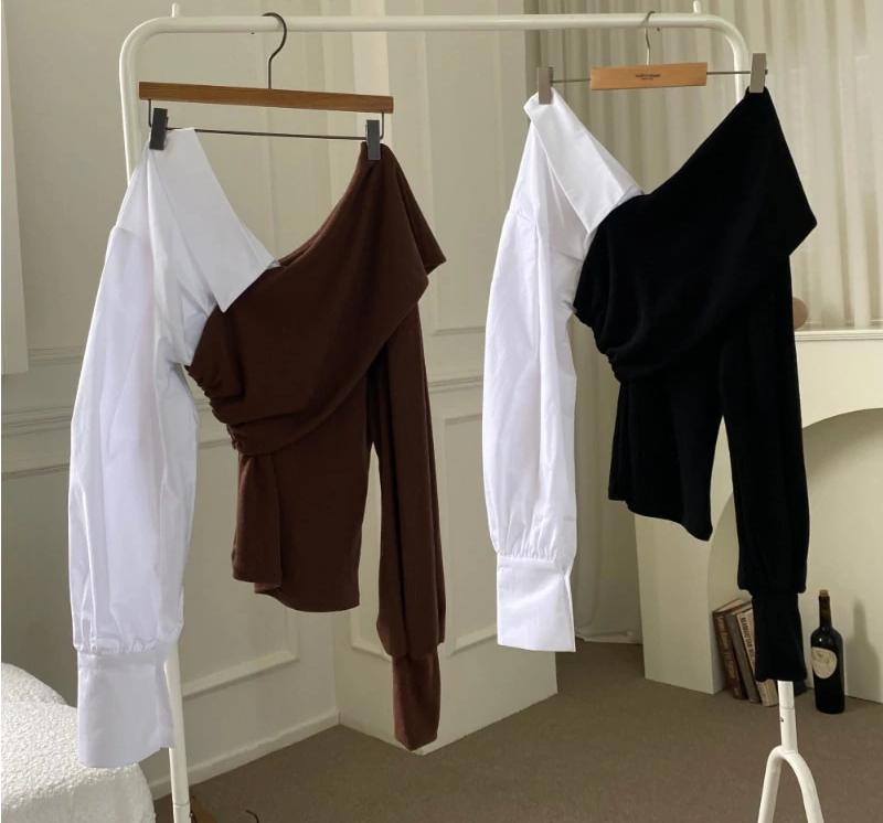 Dam Blus V-Hals Patchwork Bomull Polyester-3