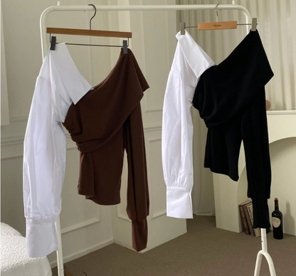 Dam Blus V-Hals Patchwork Bomull Polyester-3