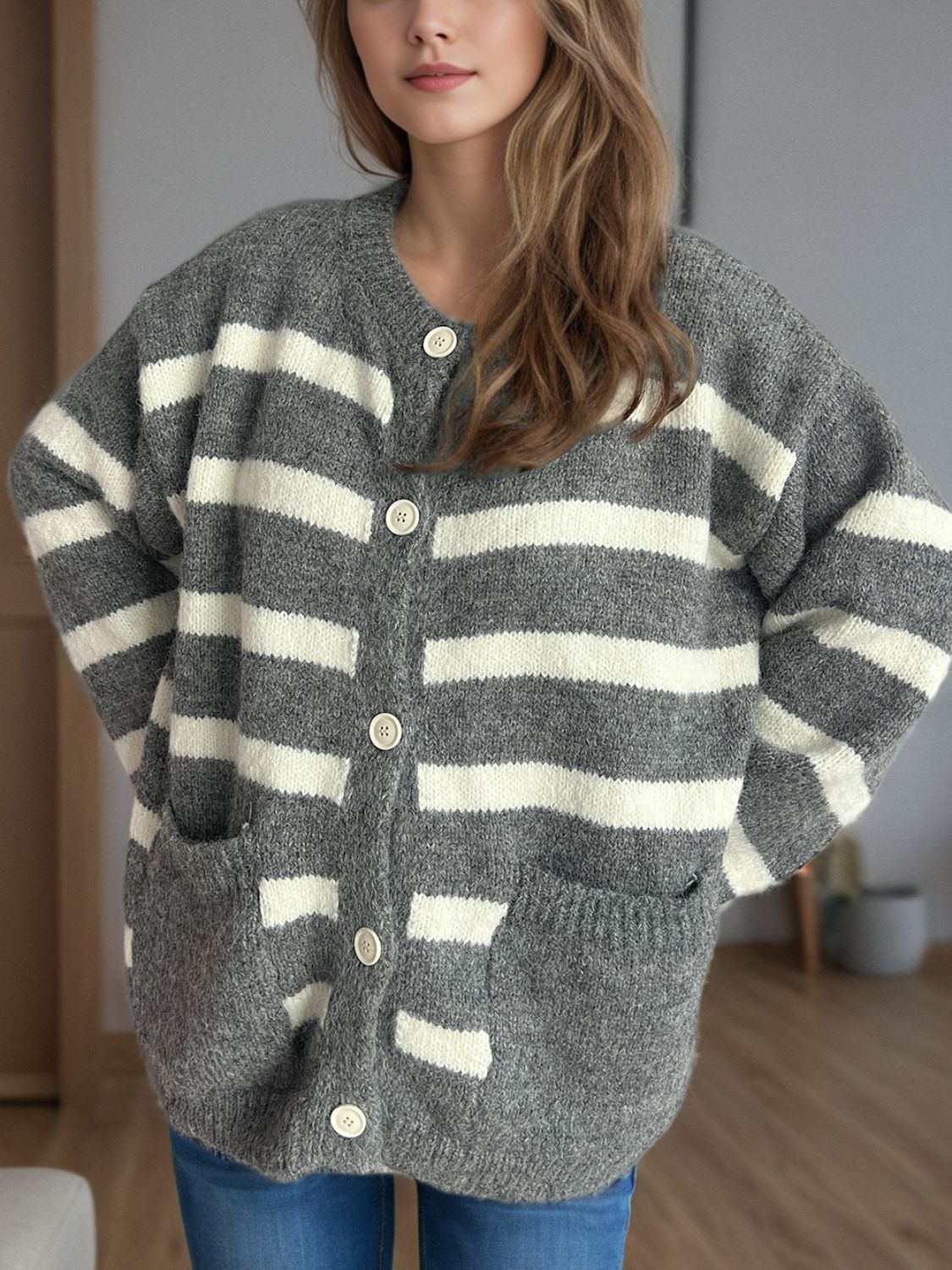 Kvinnor Randig Knäppkardigan Mjuk Tygblandning-5