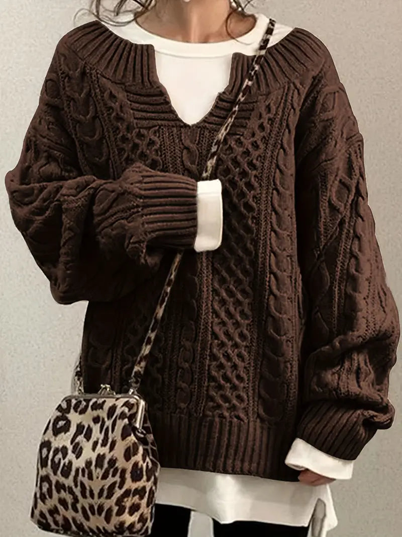 Stickad Dam Tröja V-ringad Kabelmönster Mjuk Akrylblandning-2