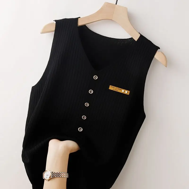 Variant image for Kvinnors Ärmless Stickad Topp V-ringning Högkvalitativ Stickning-21