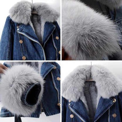 Dam Kappa Avtagbar Krage Denim med Tvättbjörnpäls-2
