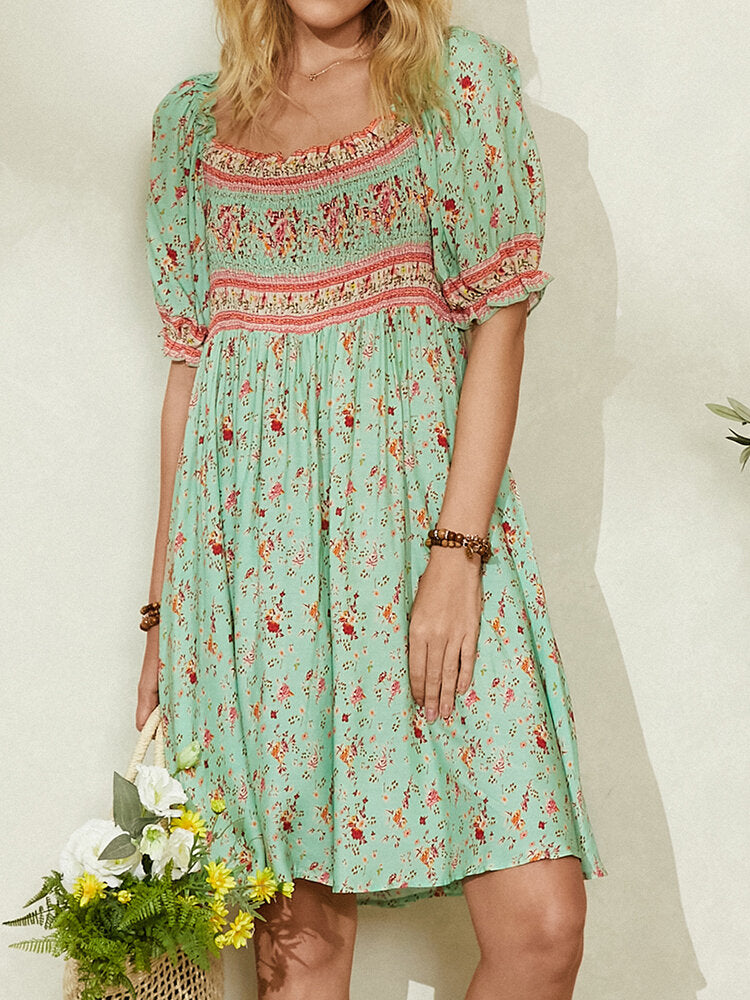 Damklänning Midi Blommig Rynkad 100% Bomull-1