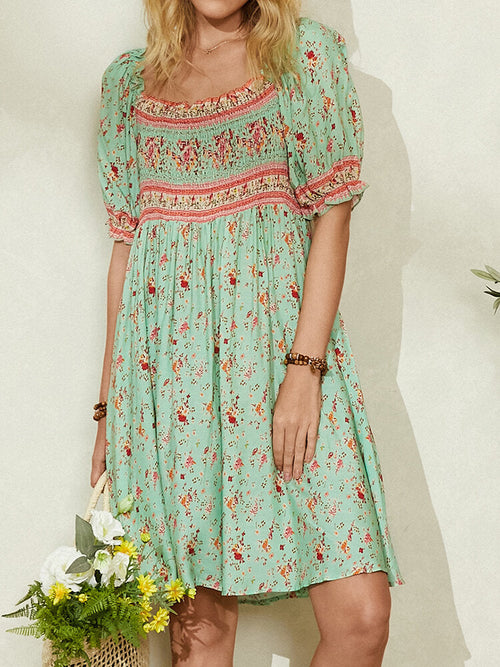 Damklänning Midi Blommig Rynkad 100% Bomull-1