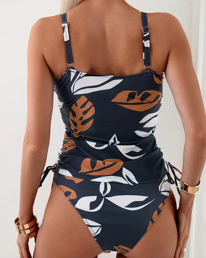 Dam Tankini Ryggfritt Bladmönster Nylon Elastan-5