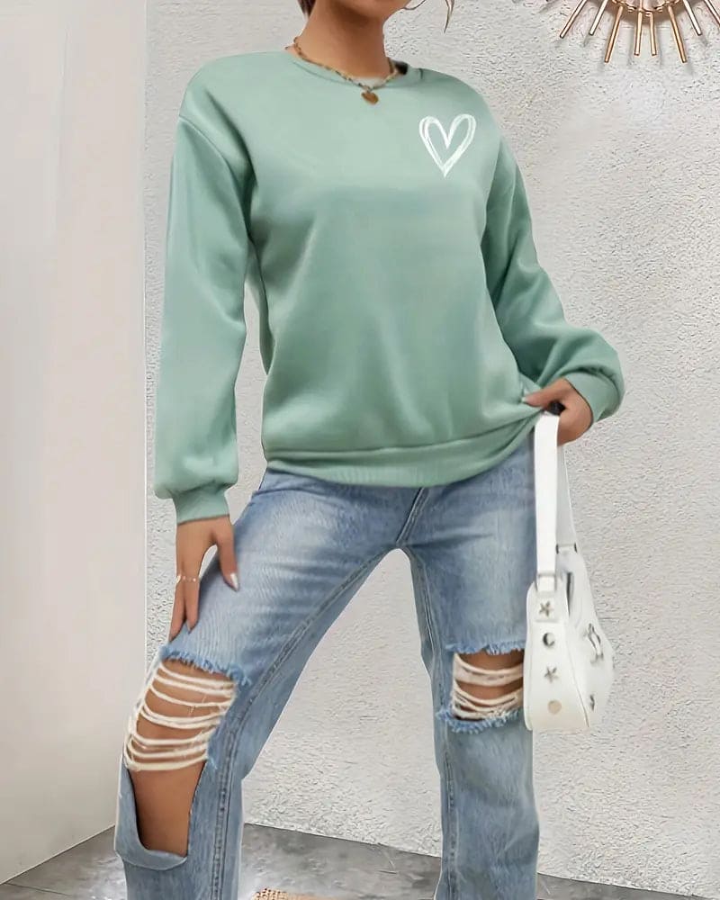 Dam Tröja Hjärtmotiv Mjuk Material Avslappnad Stil 6