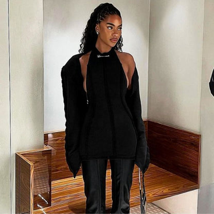 Damklänning med Långa Ärmar och Snörning i Ryggen, Tätsittande Stickad Material-5