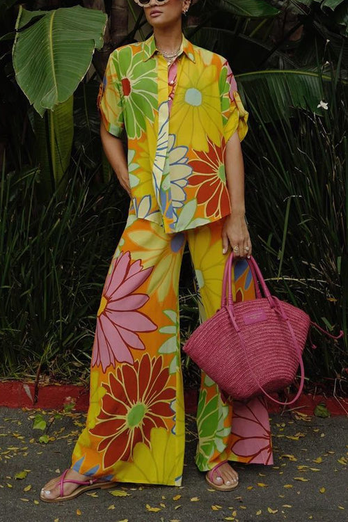 Variant image for Damkläder Set Blommönstrad Blus och Lösa Byxor i Bomull och Polyester-1