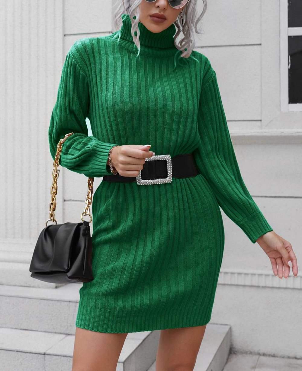 Kvinnors Miniklänning Ribb Turtleneck Mjuk Stickad Höst-3