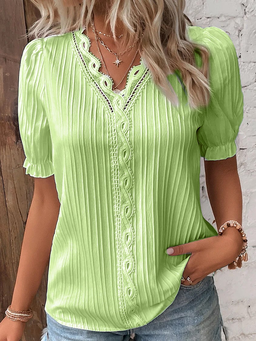 Dam V-ringad Blus med Eleganta Detaljer i Bomullsblandning-2