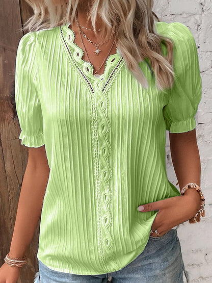 Dam V-ringad Blus med Eleganta Detaljer i Bomullsblandning-2