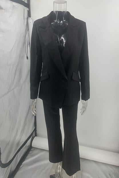 Dam Blazer Set En-Knapp Raka Byxor Bomull Polyester-5