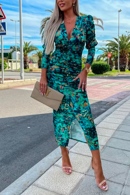 Dam Bodycon Klänning Djup V-ringning Långa Ärmar Bomull Polyester-2